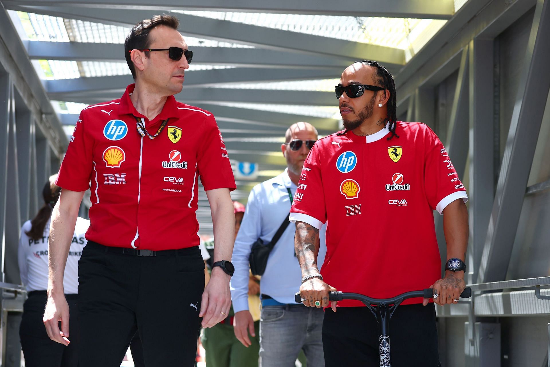 Lewis Hamilton talks with Ferrari Race Engineer Riccardo Adami during Monaco previews. Source: Getty